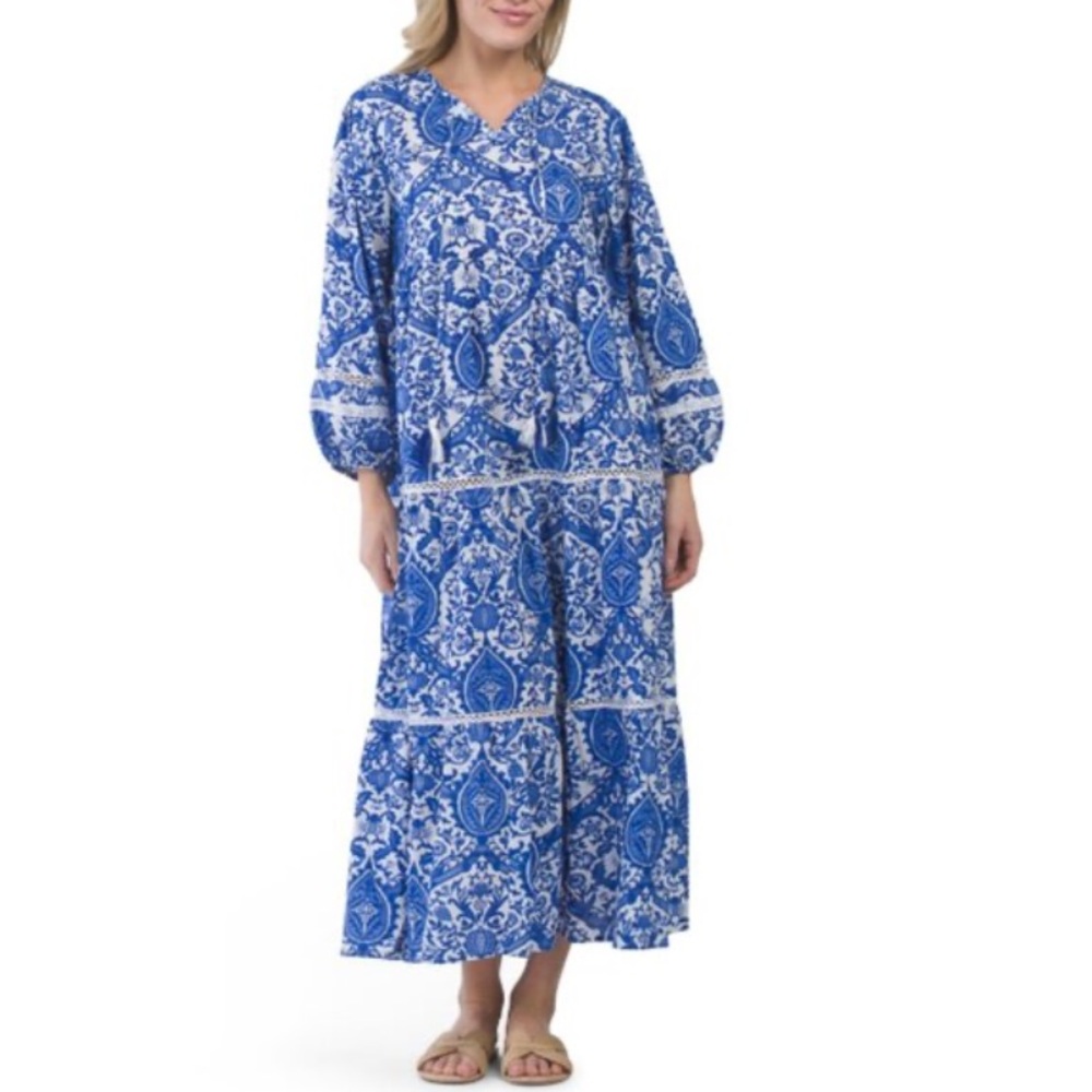 DEBBIE KATZ Blue and White Patterned Maxi Dress/Beach Coverup